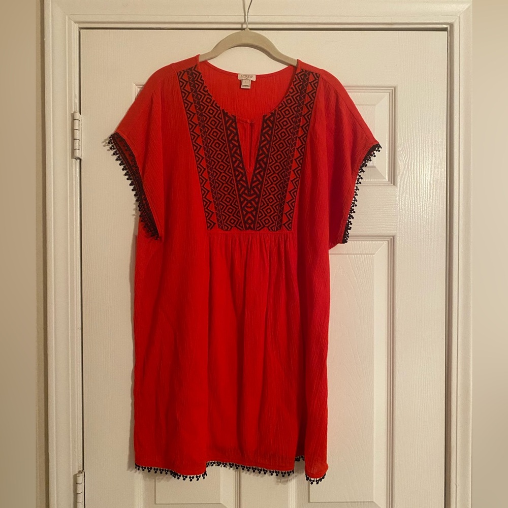 J Crew Women’s Red Tunic Dress. Black Fringe Accents. Short Sleeve.Size Large.